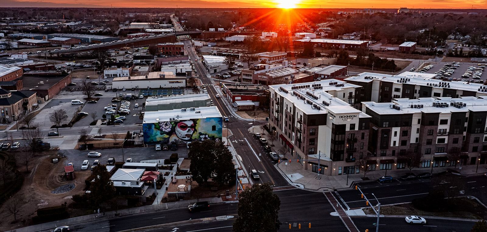 Sunset over Dickinson Avenue in Greenville, North Carolina
